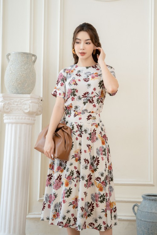 Sixdo Cream Floral Midi Silk Skirt (Chân váy)